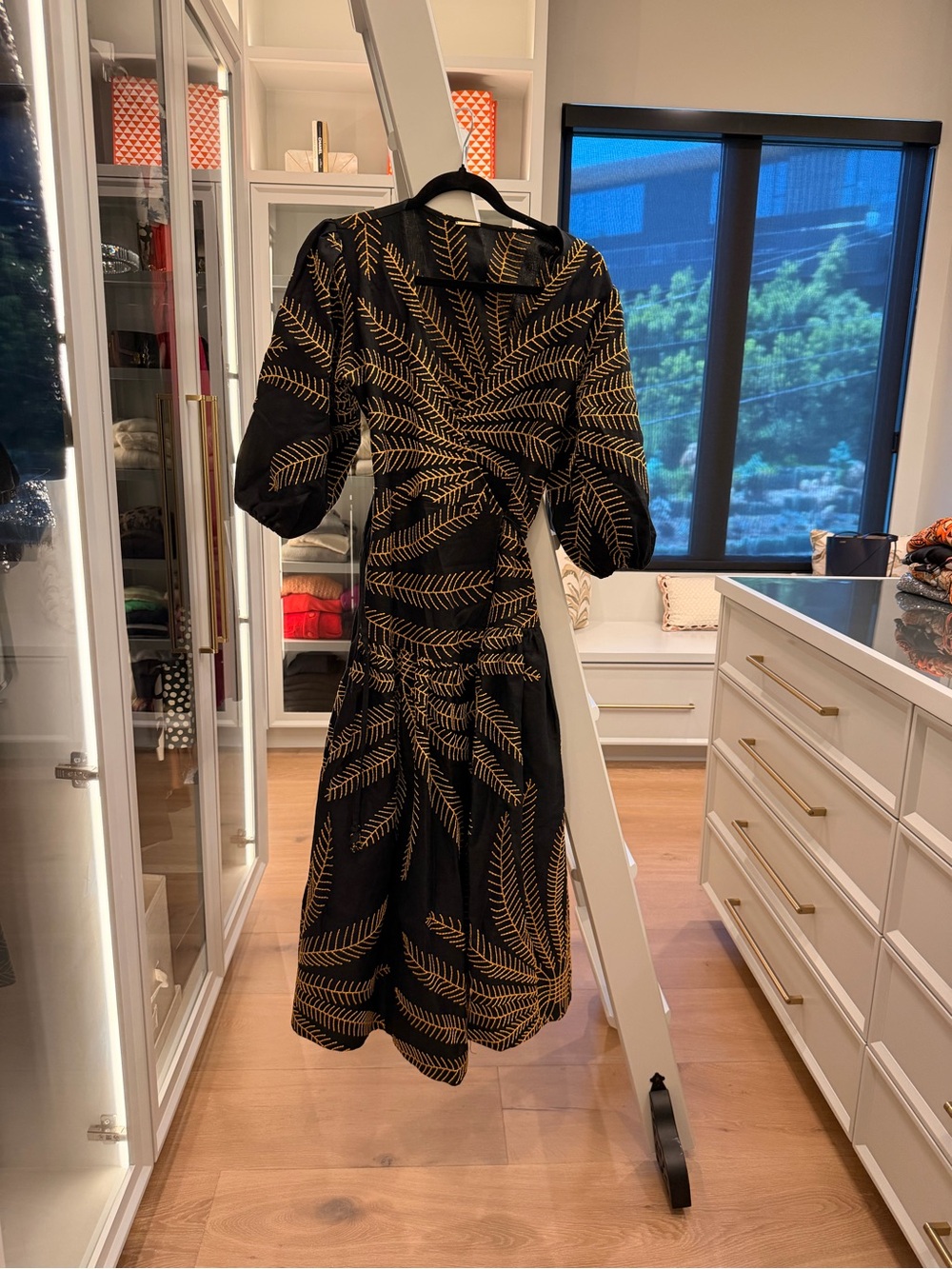 Alexis Black Midi Dress with Gold Leaf Print